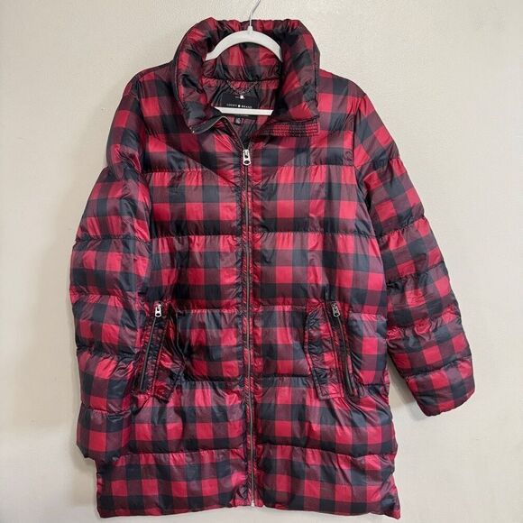 Lucky Brand red and black buffalo plaids long puffer coat size large - Picture 1 of 7